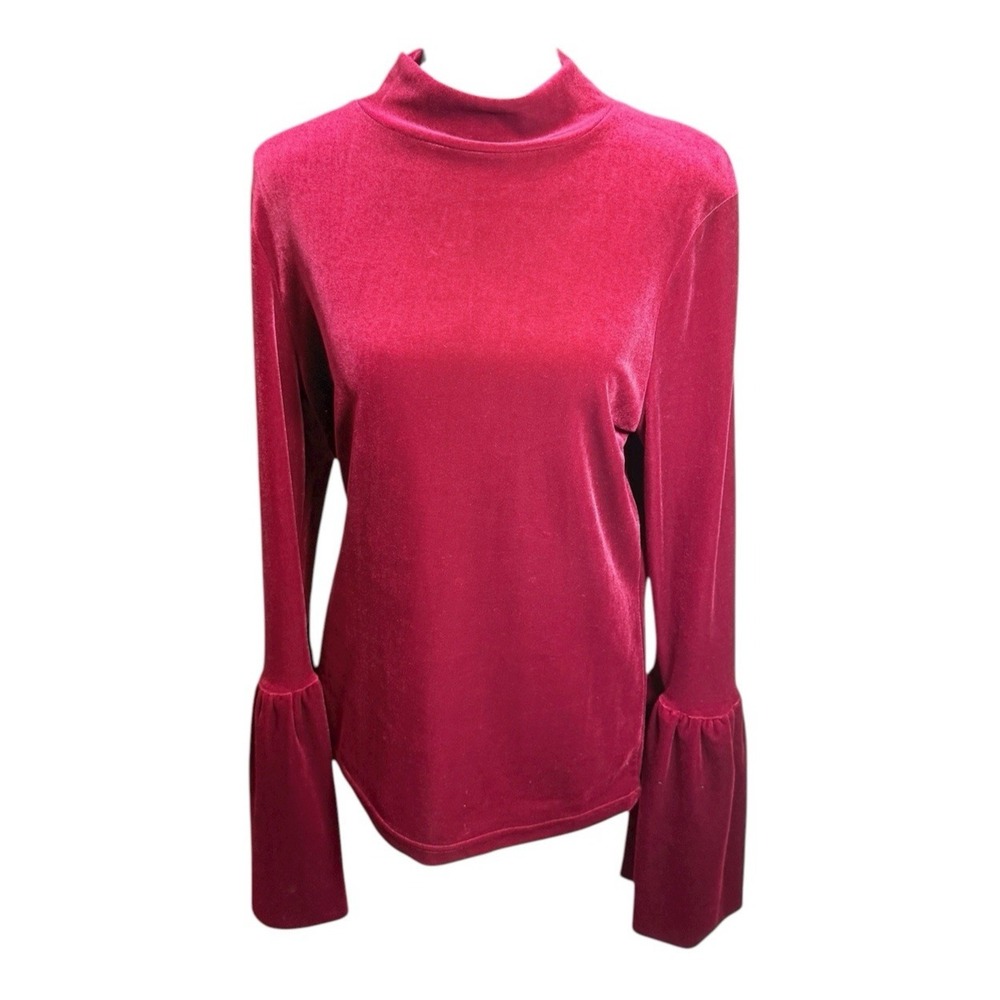 Vtg Y2K Velour Top Burgundy LRG Flare Bell Sleeve Mock Neck Boho Charmed Stevie‎